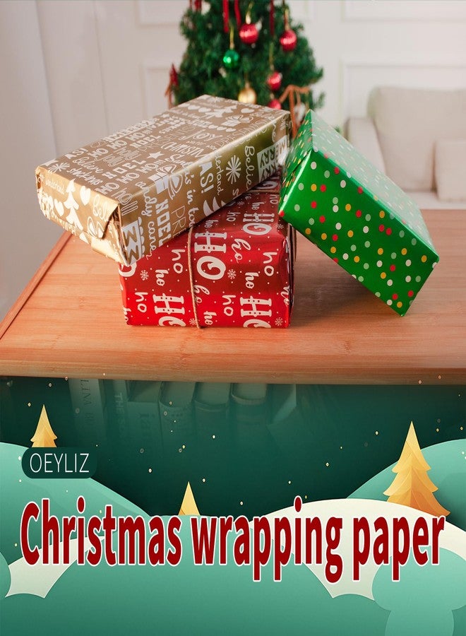 Oeyliz Christmas Wrapping Paper Red Green Gold Christmas Gift Small Wrapping Papers Christma Tree Snowflakes Small Dot Design 17 x 120 Inch Mini 3 Rolls Red Green Gold Gift Wrap Paper Xmas Gift Decor - Image 2